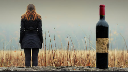 Beautiful young woman with glass and bottle of wine. lonely drinking woman as a social problem. Mental health and female alcoholism. AI generatedの素材