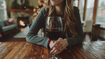 Beautiful young woman with glass and bottle of wine. lonely drinking woman as a social problem. Mental health and female alcoholism. AI generatedの素材
