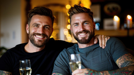 excited gay man holding hands of bearded boyfriend and laughing on gray backdrop, same-sex couple. Happy people celebrateの素材