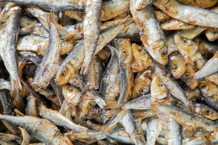 big pile small fish chips or flakes, dried and cured fish pieces, used in small amounts in sri lankan and maldivian cooking, strong flavor and aromatic ingredient, food background textureの写真素材