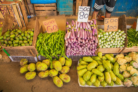 variety of vegetables, fruits, cereals and dried fish at the central market in the capital of Sri Lankaの写真素材