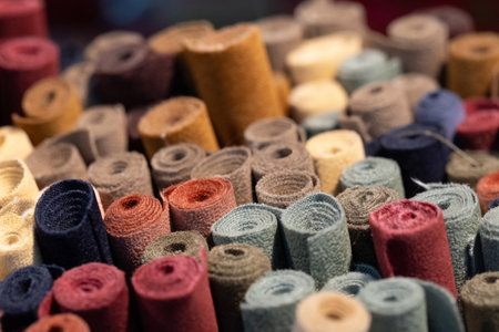 Stacks of vibrant fabric rolls in assorted colors and textures, ideal for design projects and...