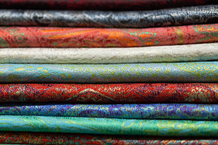 Textured fabrics are stacked in layers, displaying vibrant colors and intricate patterns, ideal for...