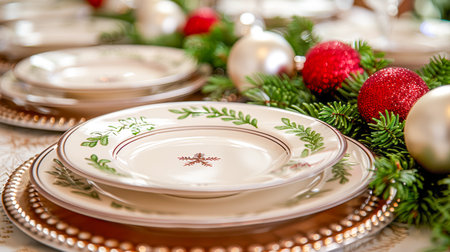 Beautifully arranged holiday table features decorative plates, shiny ornaments, and lush greenery, creating a warm festive atmosphere.の素材
