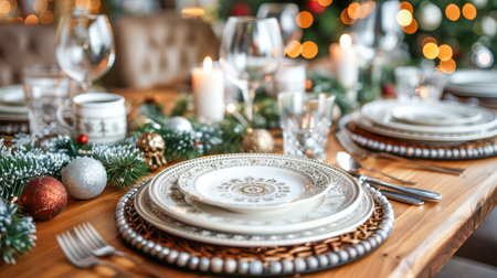 Beautifully arranged dining table features fine china, glassware, and festive decorations, creating a warm and inviting atmosphere.の素材
