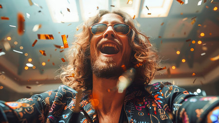 Happy man with long hair, wearing sunglasses, enjoying a festive moment with confetti falling around him, creating a lively scene.の素材