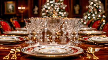 Luxurious dining table arrangement featuring crystal glassware, fine china, and festive decorations, creating an inviting ambiance.の素材
