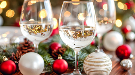 Beautifully arranged holiday table features sparkling wine glasses, ornaments, pinecones, and festive greenery creating a joyful atmosphere.の素材