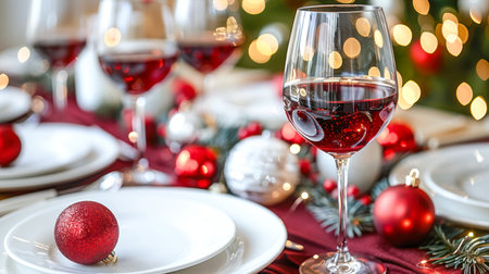 Festive dining table beautifully arranged with red wine glasses, ornaments, and twinkling lights creating a warm atmosphere.の素材