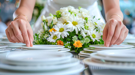 Hands arranging white plates on a beautifully set table adorned with a vibrant floral centerpiece, creating an inviting atmosphere.の素材