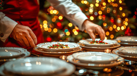 Hands carefully placing decorative items on dinner plates in a cozy holiday atmosphere with twinkling lights.の素材