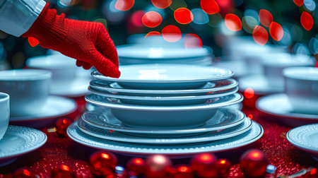 White plates are being carefully arranged on a festive table adorned with red decorations and soft glowing lights.の素材