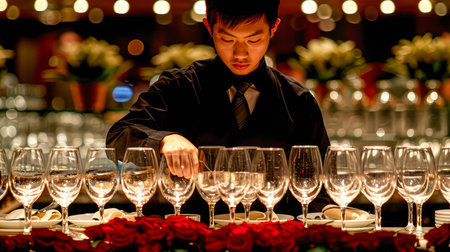 Male server is meticulously arranging wine glasses on a lavish dining table adorned with roses and soft lighting.の素材