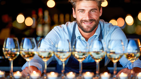 Bartender stands behind bar, showcasing wine glasses and candles, creating a cozy atmosphere for guests.の素材