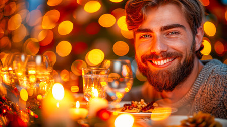 Happy man at festive dinner table, surrounded by warm lights and holiday decor, creating a joyful and inviting ambiance.の素材