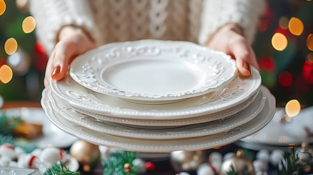 Hands holding a stack of elegant white plates, surrounded by festive decorations and warm bokeh lights, creating a cozy atmosphere.の素材