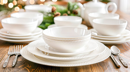 Beautifully arranged white dinnerware set on a rustic wooden table, surrounded by festive decorations and soft lighting.の素材