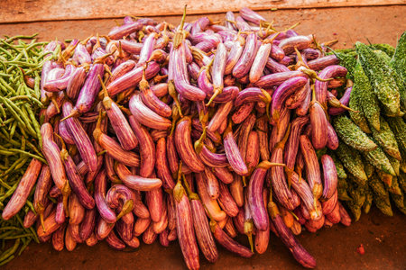 variety of vegetables, fruits, and dried fish at the central market in the capital of Sri Lankaの写真素材