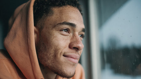 Young man with freckles is gazing thoughtfully out of a window, reflecting on life while wearing a cozy hoodie, creating a serene atmosphere.の素材