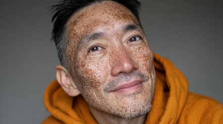 Man with visible freckles is smiling warmly while wearing an orange hoodie, illuminated by soft natural light, creating a friendly atmosphere.の素材
