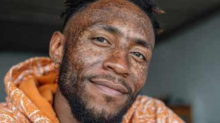 Smiling african american man, wearing an orange hoodie, poses in a casual indoor setting, showcasing a warm and inviting atmosphere.の素材