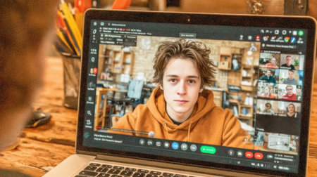 Young male is engaged in a virtual meeting on a laptop, showcasing a group video call with a warm, inviting workspace in the background.の素材