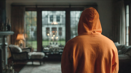 Individual wearing an orange hoodie stands in a cozy living room, gazing out large windows, with soft lighting and elegant furnishings creating warmth.の素材