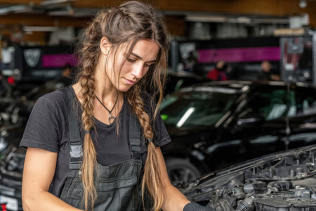 Female mechanic is focused on repairing a car engine in a busy garage, surrounded by vehicles and tools, showing her technical skills.の素材