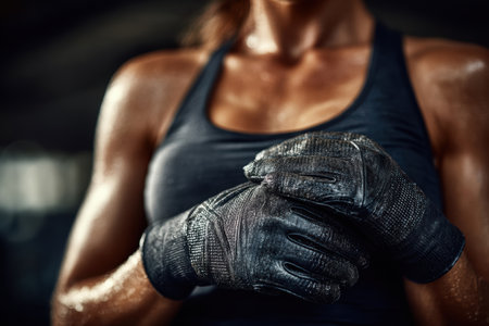Athletic woman is preparing for a workout, wearing gloves and showing strength in a dynamic fitness environment with focused energy.の素材