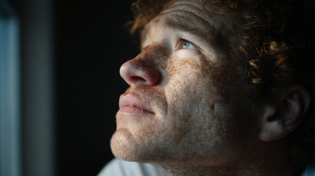 Young man with curly hair is looking up thoughtfully, illuminated by soft light, creating a contemplative atmosphere in the scene.の素材