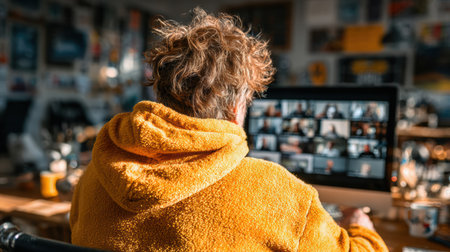 Individual wearing a cozy yellow hoodie is engaged in a virtual meeting on a computer, surrounded by a warm and inviting workspace.の素材