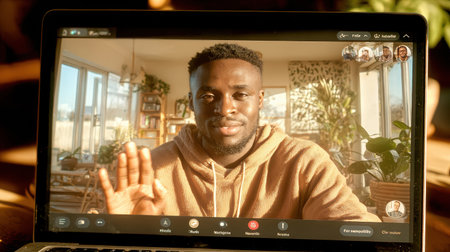 African American man is waving during a video call, seated in a cozy home filled with plants and natural light, creating a warm atmosphere.の素材