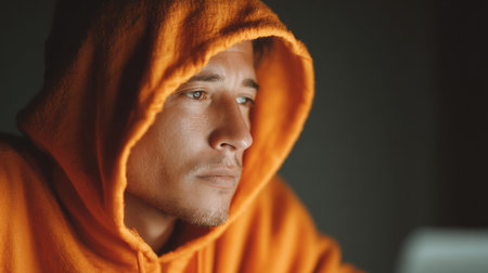 Young man wearing an orange hoodie is deeply focused on a screen in a dimly lit space, creating an atmosphere of concentration and introspection.の素材
