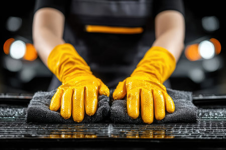 Hands wearing bright yellow gloves are positioned on a workbench, preparing tools and materials for automotive repair, showing readiness for work.の素材