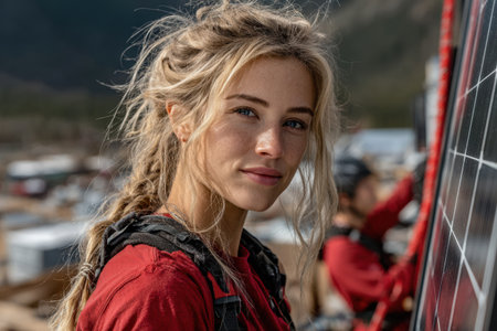 Young woman is engaged in solar panel installation outdoors, showcasing teamwork and dedication in a natural environment.の素材
