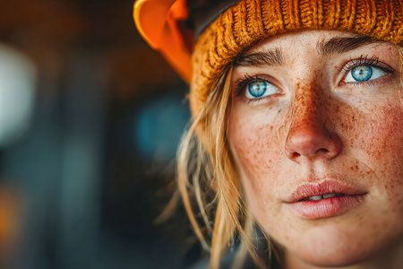 Young woman with freckles is wearing a safety helmet, displaying a focused expression in a workshop environment, showcasing determination and strength.の素材