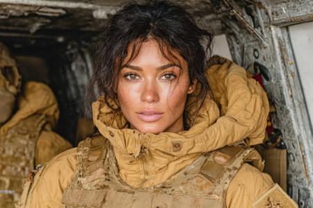 Female military personnel is posing confidently in tactical gear, showcasing strength and determination in a rugged military environment.の素材