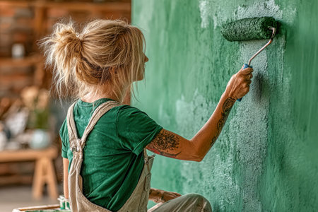 Woman is painting a wall with green paint using a roller in a creative workspace, showing artistic expression and home improvement.の素材