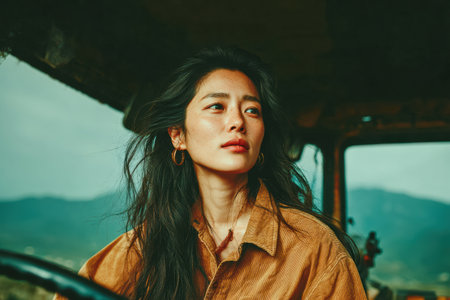 Woman with long hair is seated inside a vehicle, gazing thoughtfully with a scenic landscape in the background, showing natural beauty and serenity.の素材
