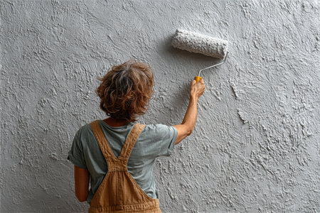 Woman is painting a textured wall with a roller, showing home renovation skills and creative expression in a cozy environment.の素材