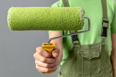 Individual is holding a vibrant green paint roller, prepared for a home improvement project, showcasing tools for painting and renovation.の素材