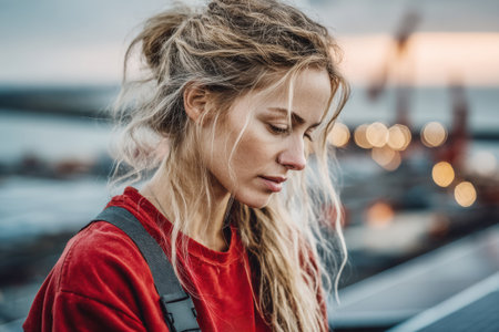 Young woman with long hair wearing a red sweater, is focused on an outdoor project, with a blurred industrial background and soft lighting.の素材