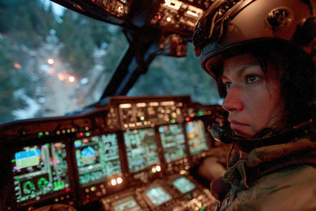 Female helicopter pilot is focused on operating the cockpit with advanced control panel and displays, showing her expertise in aviation.の素材