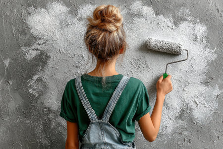 Young woman is painting a textured wall with a roller brush, showing her creativity and dedication to home improvement.の素材