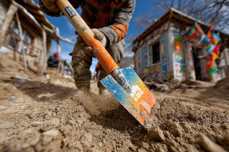 Laborer is using a vibrant shovel to dig into the soil at a rural construction site, showing hard work and determination in the environment.の素材