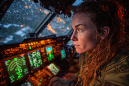 Female aviator is intently observing cockpit controls, surrounded by illuminated screens and instruments, showcasing concentration and professionalism.の素材