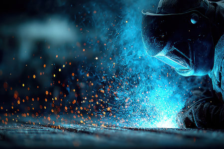 Welder in protective gear is focused on metalwork, surrounded by sparks and blue light, showcasing intense craftsmanship and industrial atmosphere.の素材