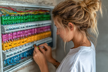 Female electrician is focused on wiring a colorful circuit board, showing technical skills and expertise in a contemporary environment.の素材