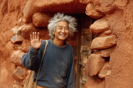 Elderly man with gray hair is smiling and waving near a rustic stone entrance, surrounded by warm earthy tones and a welcoming atmosphere.の素材