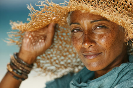 Confident woman wearing a straw hat, enjoying a sunny beach atmosphere, with a relaxed expression and natural beauty, radiating warmth and joy.の素材